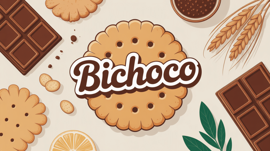 Biscuit Bichoco entouré d'ingrédients chocolat et blé