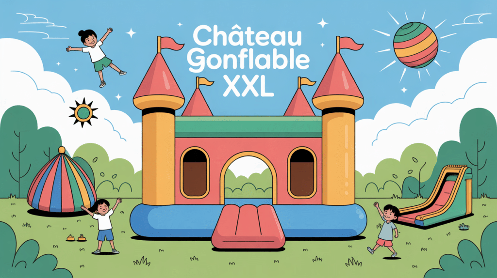 Chateaux xxl gonflable géant dans un parc de loisirs, enfants heureux