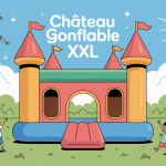 Chateaux xxl gonflable géant dans un parc de loisirs, enfants heureux