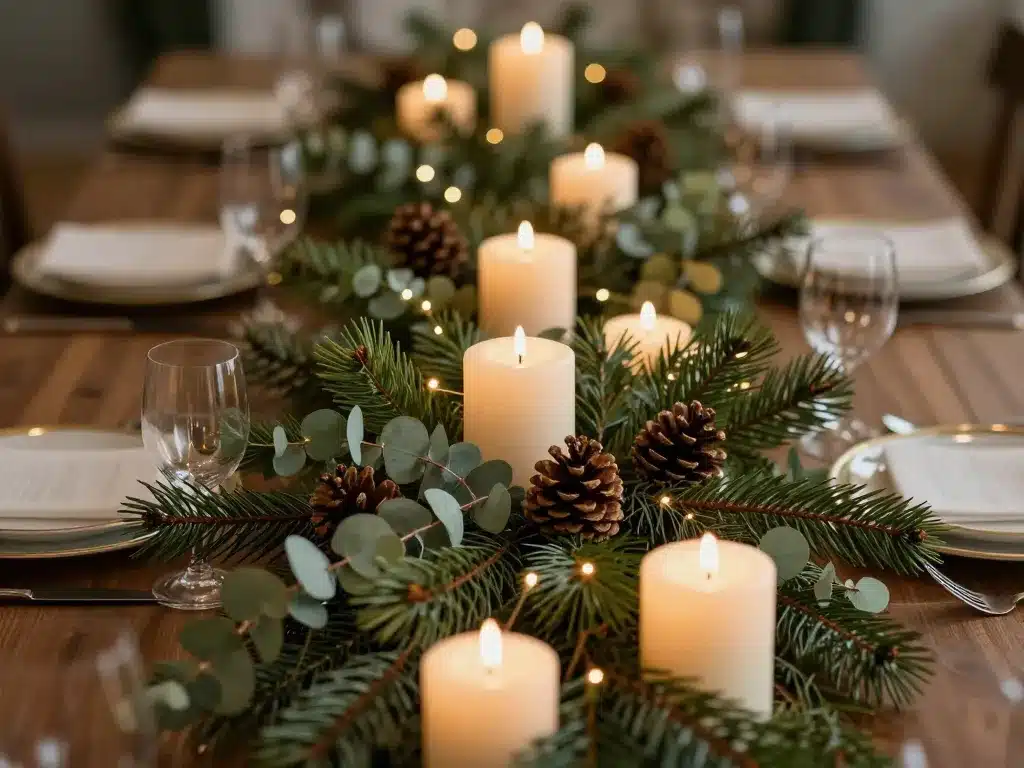 deco table noel centre végétal bougies