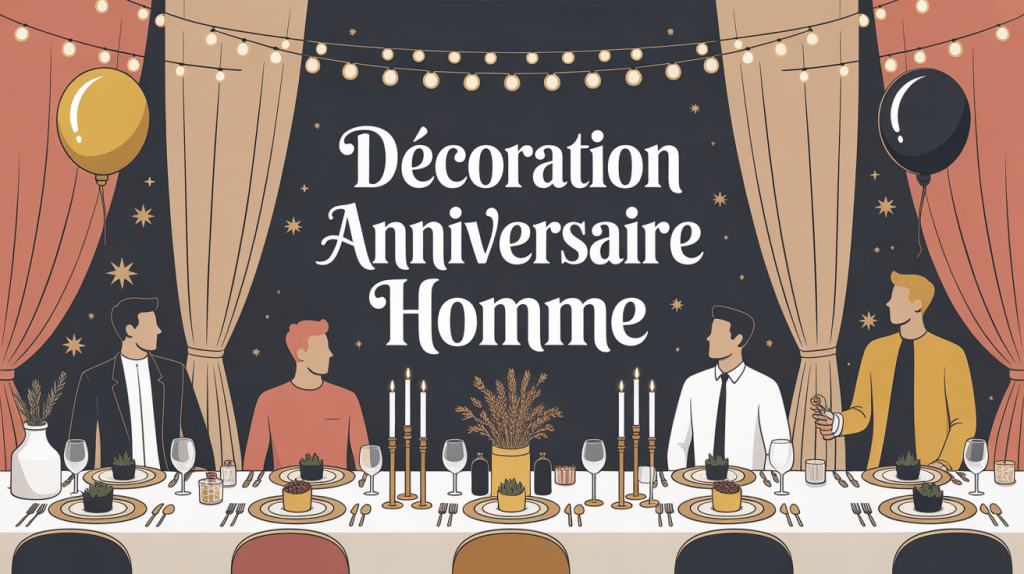 Scène élégante de décoration anniversaire homme avec table, ballons or et noirs