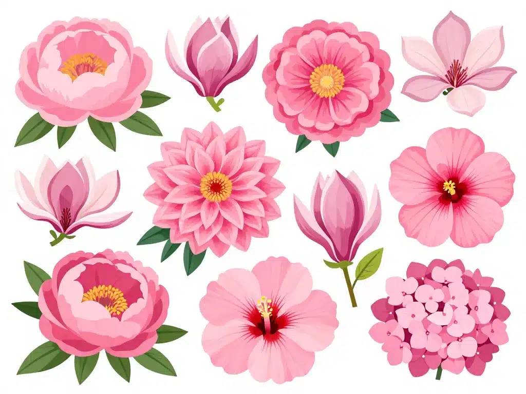 différentes grosses fleurs roses emblématiques