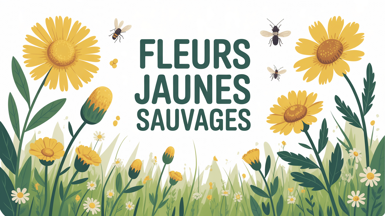 Illustration guide fleur jaune sauvage dans prairie naturelle