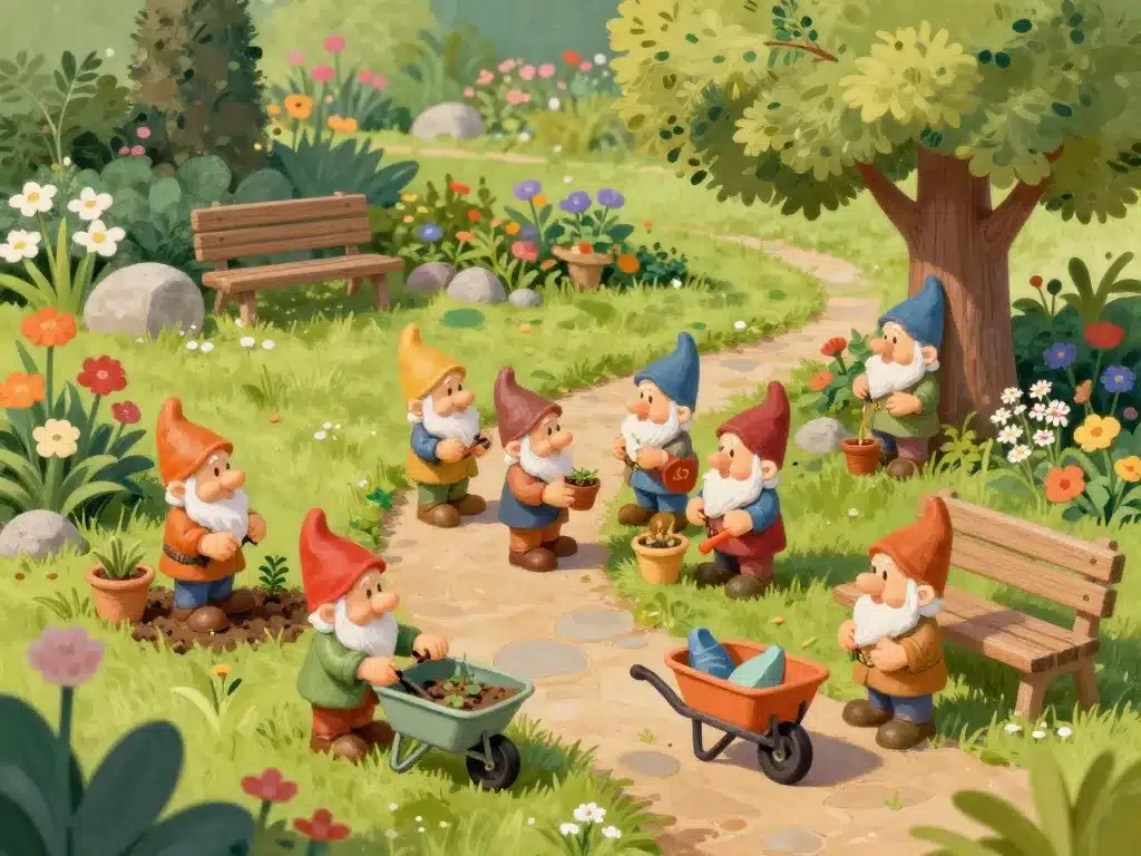 nains de jardin disposés en scènes créatives extérieur