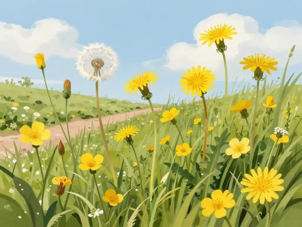 Différentes fleurs jaunes sauvages prairie et chemin