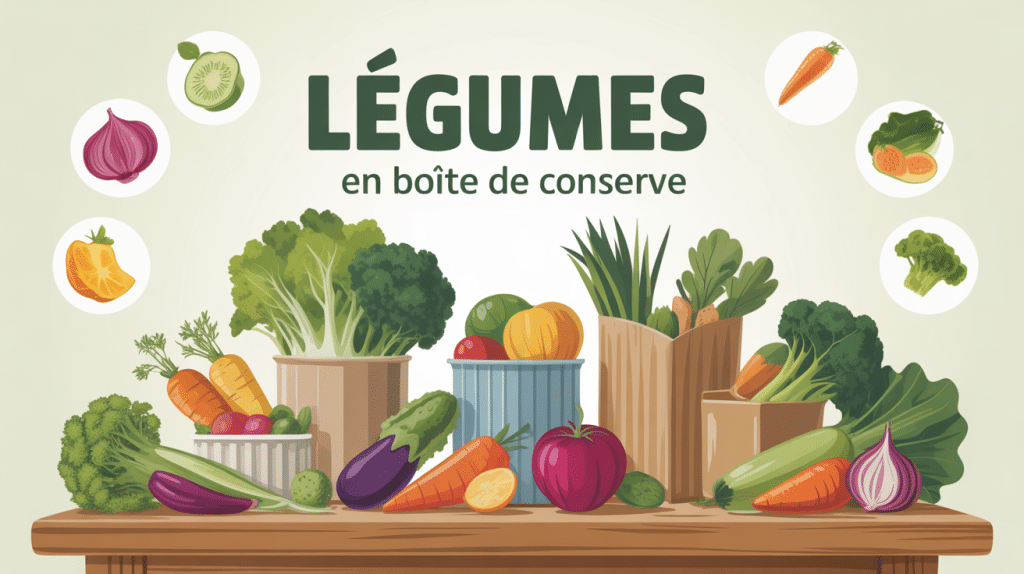 légumes en boîte de conserve ouverts et fermés sur table, ambiance santé