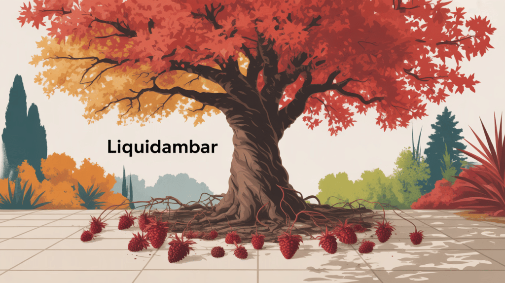 liquidambar inconvénient arbre illustration automne racines et fruits piquants