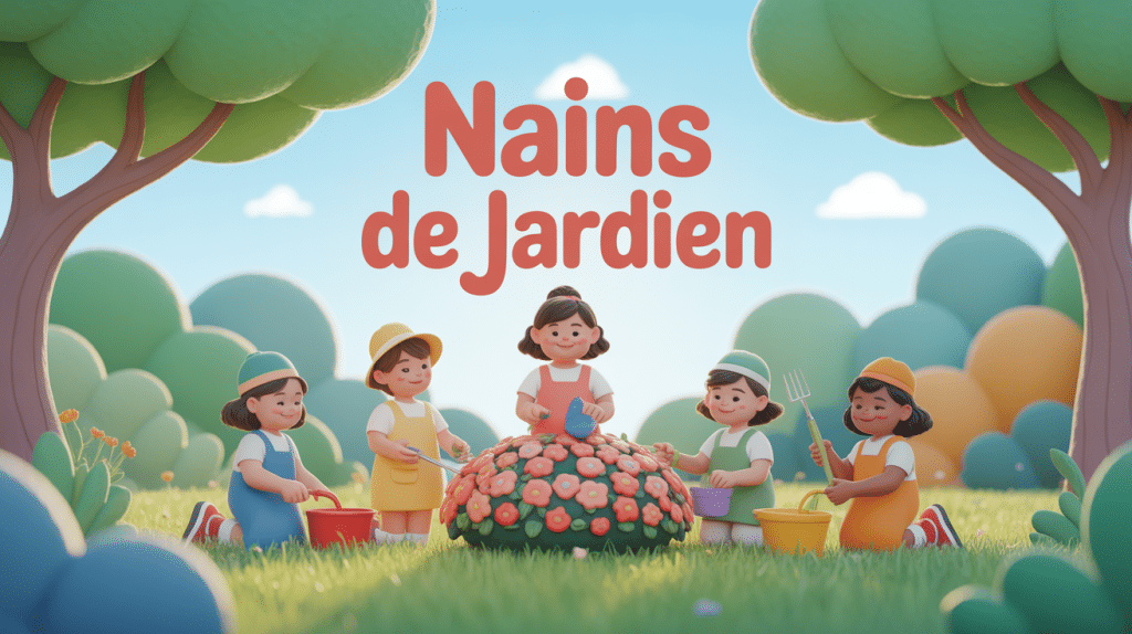 nains de jardin colorés sous arbre dans jardin verdoyant