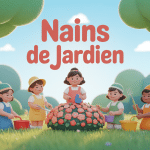 nains de jardin colorés sous arbre dans jardin verdoyant