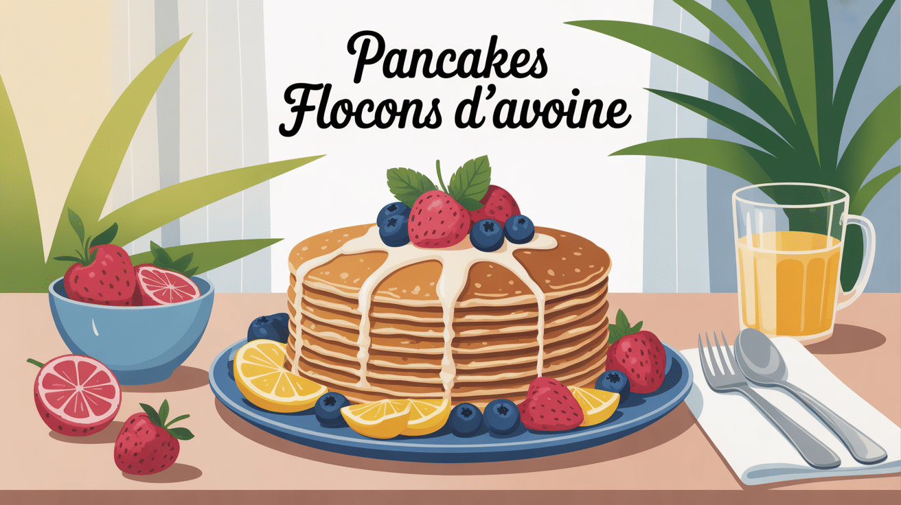 pancakes flocons d avoine avec fruits frais sur table petit dejeuner