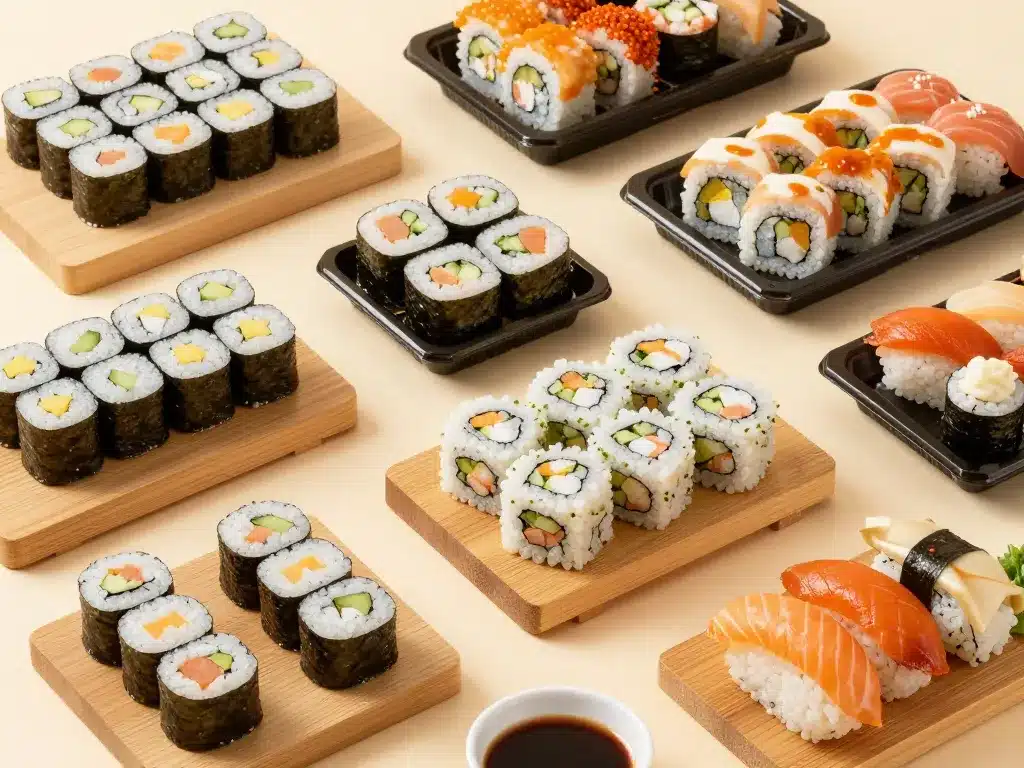 photos de traiteur nem&sushi montélier différents plateaux et buffets