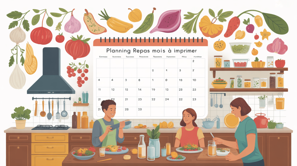 illustration cuisine organisée avec planning repas mois à imprimer