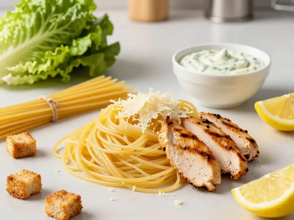 ingrédients salade de pate au poulet cesar présentés