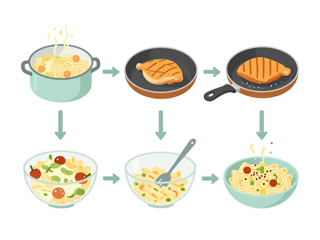 étapes préparation salade de pate au poulet cesar diagramme