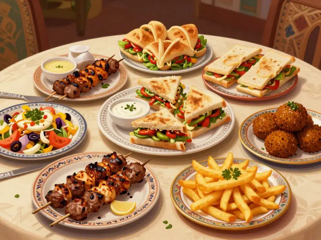 Assortiment de plats variés Aux Délices de l'Orient Kebab, kebab, grillades et falafels