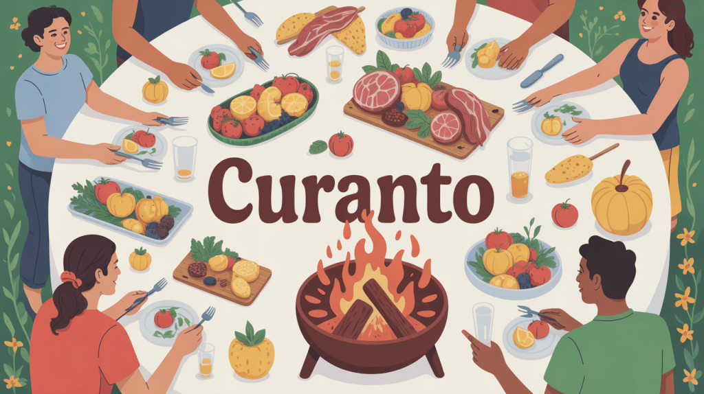 Illustration curanto en fosse et ambiance chaleureuse