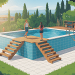 Illustration escalier piscine hors sol fait maison en bois et métal