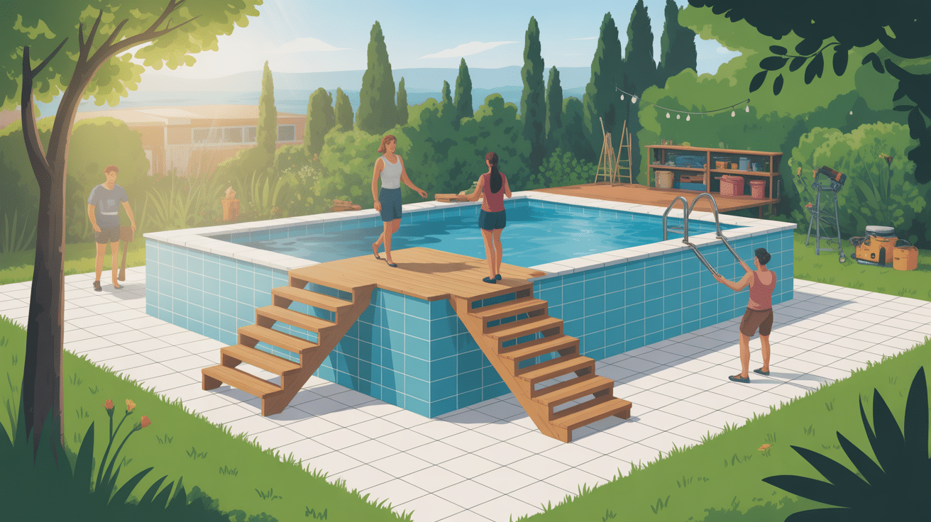 Illustration escalier piscine hors sol fait maison en bois et métal