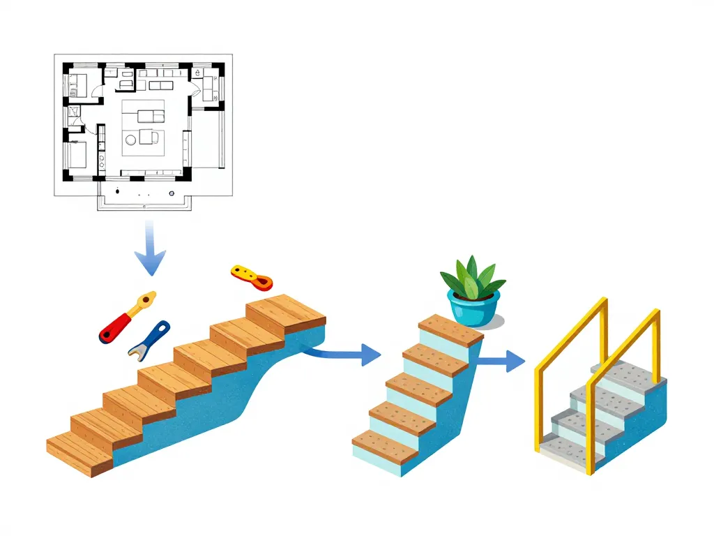 Schéma étapes construction escalier piscine hors sol fait maison sécurisé
