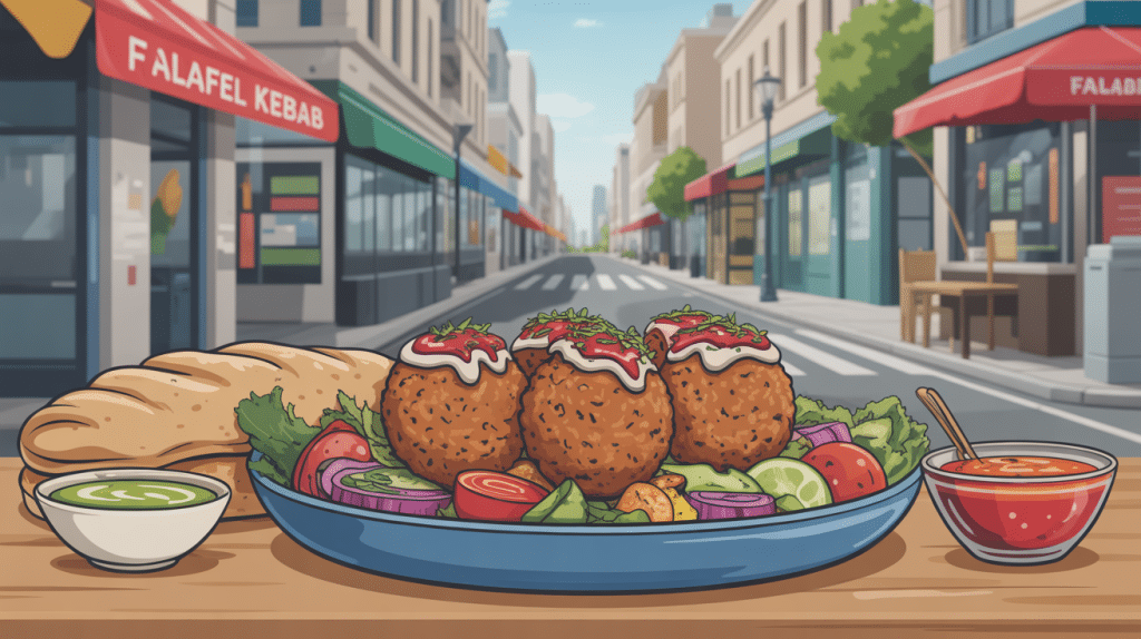 illustration moderne de falafel kebab appétissant avec pita boulettes sauces crudités