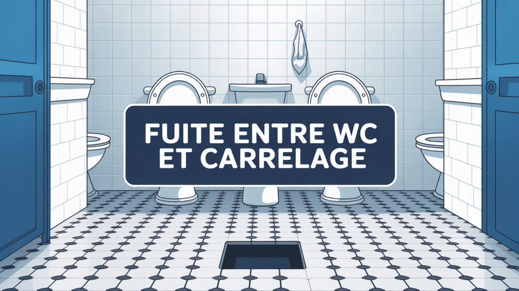 Fuite entre WC et carrelage vue salle de bains, flaque au pied des toilettes