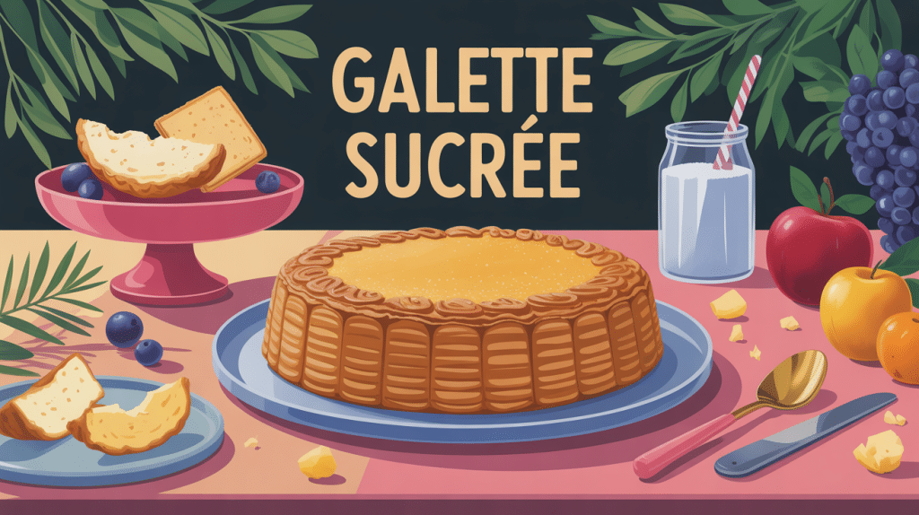 galette sucrée dorée et ingrédients sur table