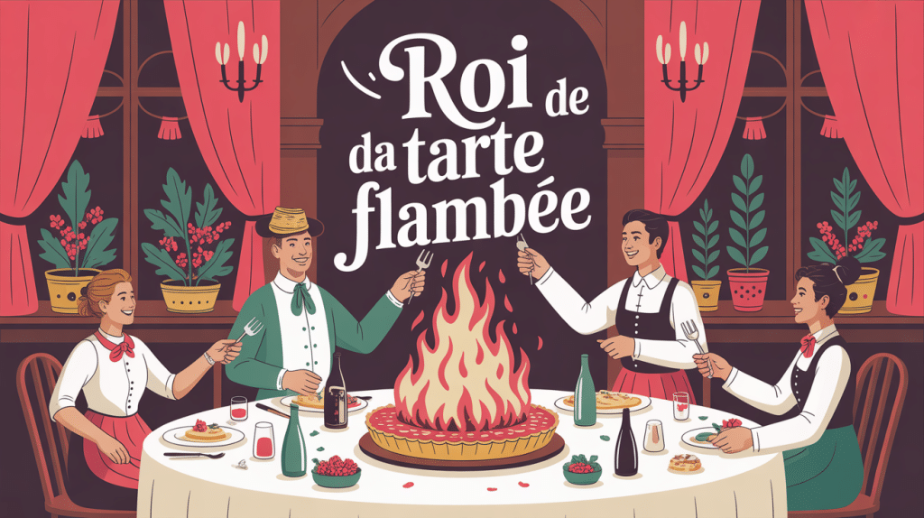 Scène conviviale roi de la tarte flambée autour d'une grande table alsacienne