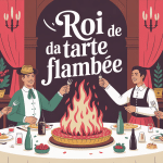Scène conviviale roi de la tarte flambée autour d'une grande table alsacienne