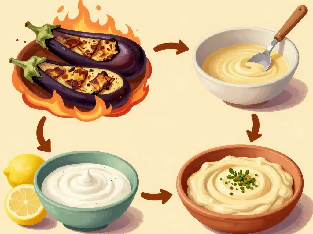 Illustration des étapes pour préparer un mutabal maison crémeux et fumé
