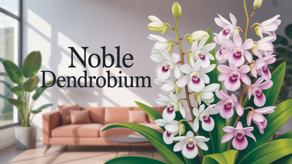 Noble dendrobium en fleurs dans un salon lumineux
