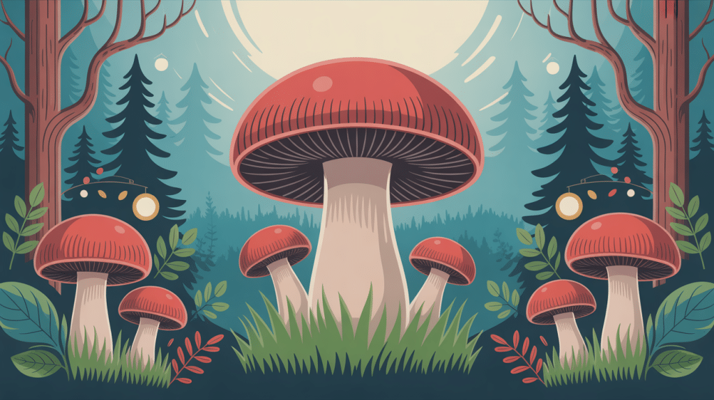 oreille de cochon champignon au centre d'une forêt stylisée