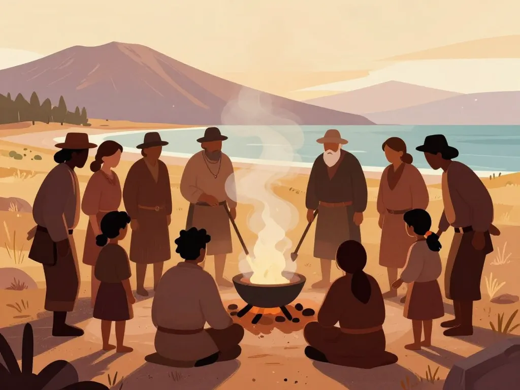 Scène rituelle curanto Patagonie cuisine collective