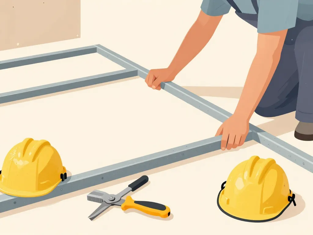 Scène de pose de plaques de placo avec outils