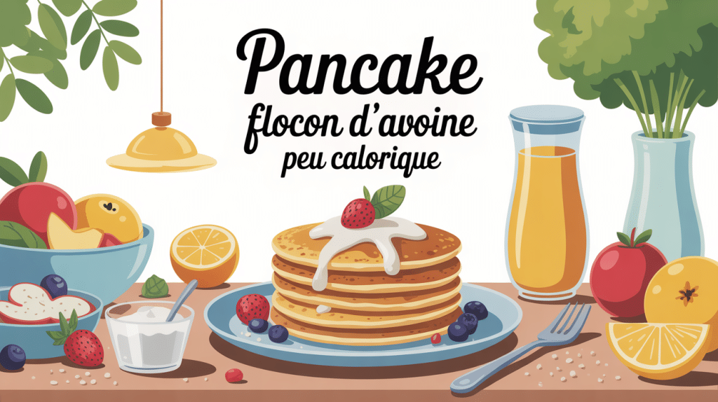 Illustration recette pancake flocon d'avoine peu calorique avec fruits et ambiance saine