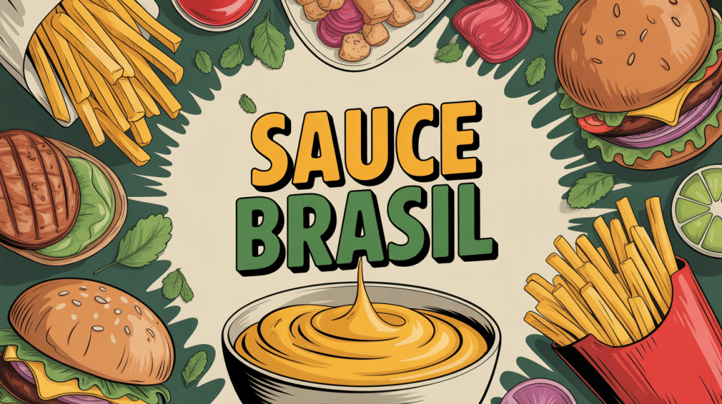 Bol de sauce brasil entouré de frites, burgers et grillades