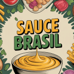 Bol de sauce brasil entouré de frites, burgers et grillades