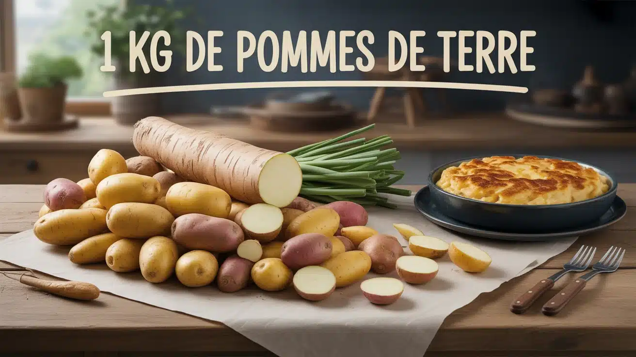1 kg de pommes de terre sur table, variétés et gratin dauphinois