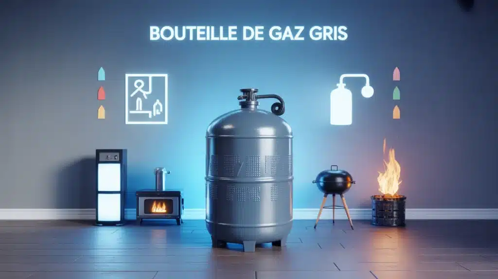 bouteille de gaz gris 13 kg au centre avec pictogrammes