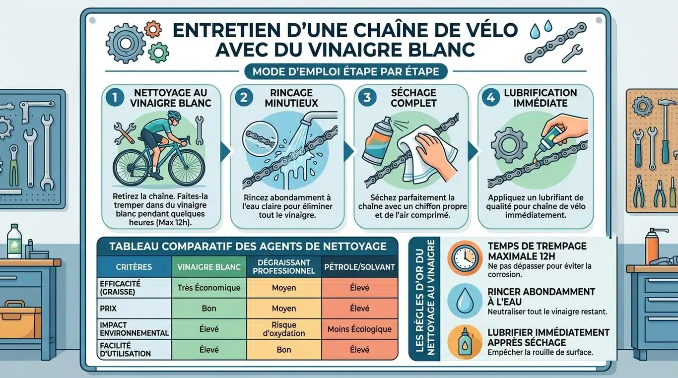 Infographie comparative et règles de sécurité pour le nettoyage de chaîne de vélo au vinaigre blanc