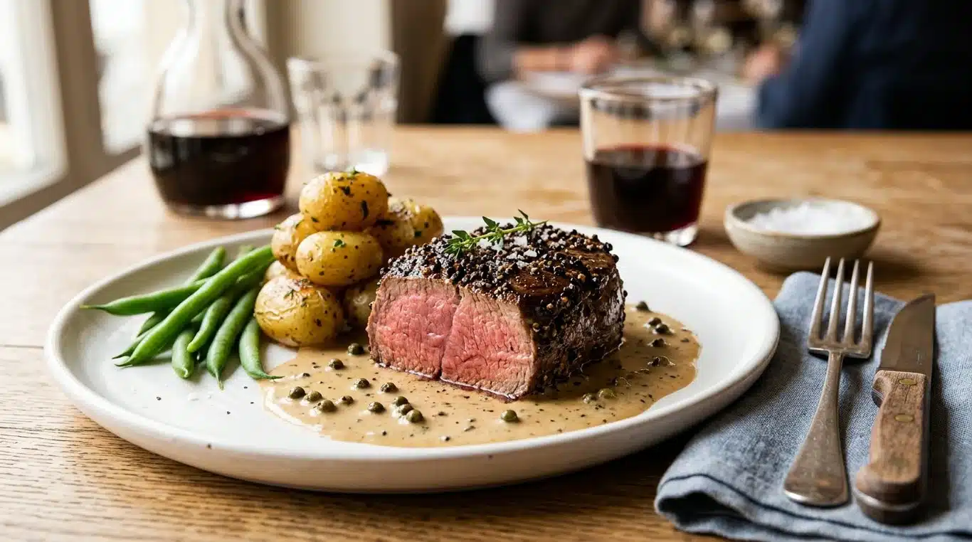 Filet de bœuf au poivre noir en grain fraîchement concassé