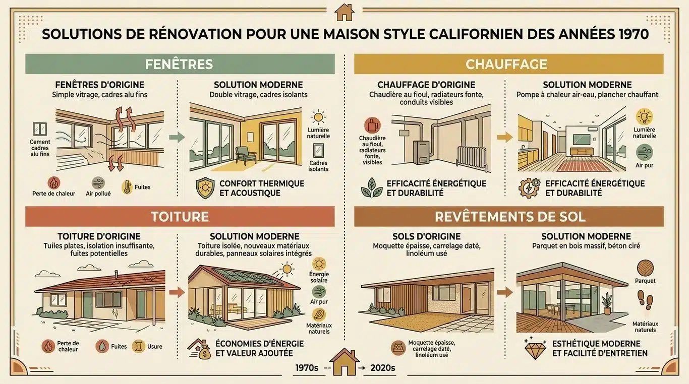 Infographie des solutions de rénovation pour une maison californienne des années 70