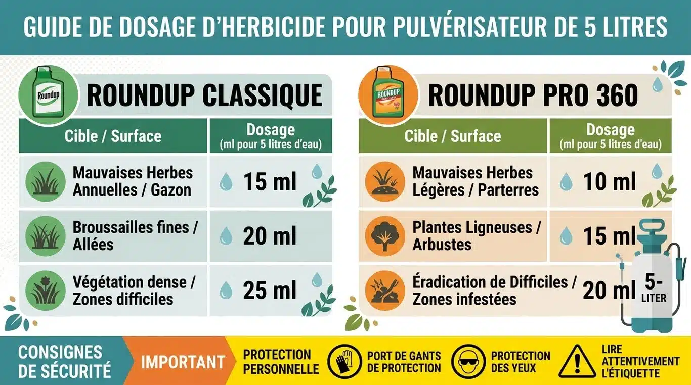 Infographie récapitulative des dosages de Roundup pour un pulvérisateur de 5 litres