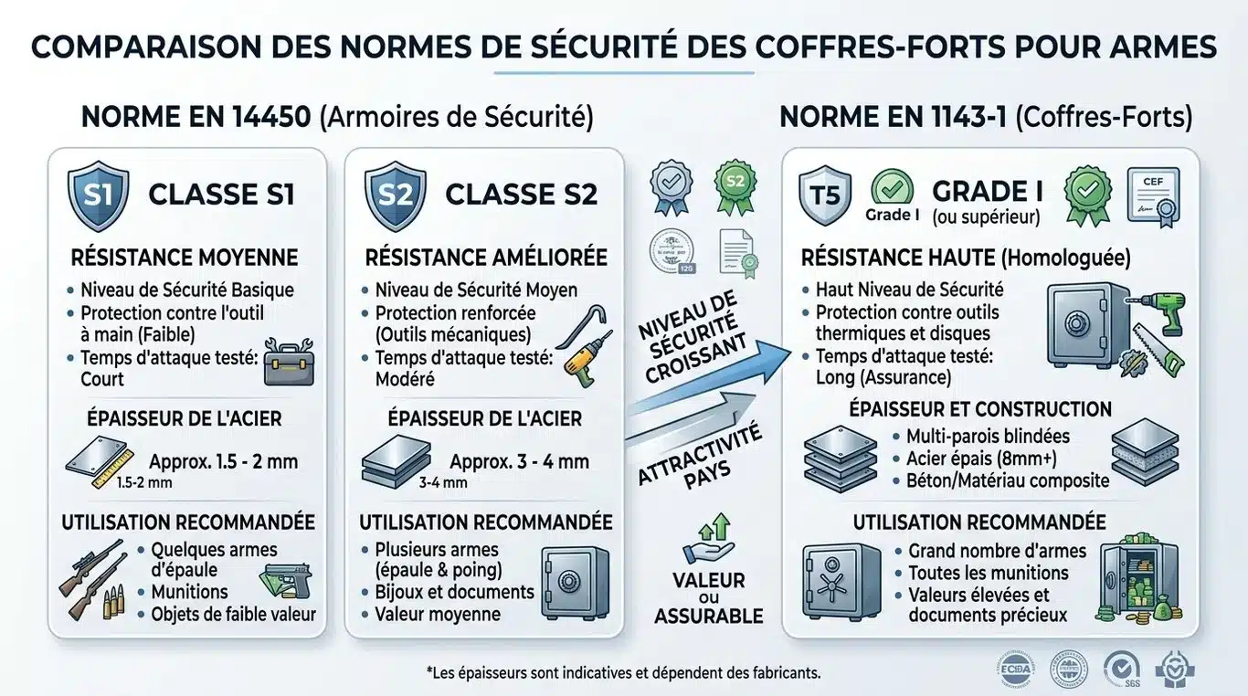 Infographie comparative des normes de sécurité pour armoires à fusils