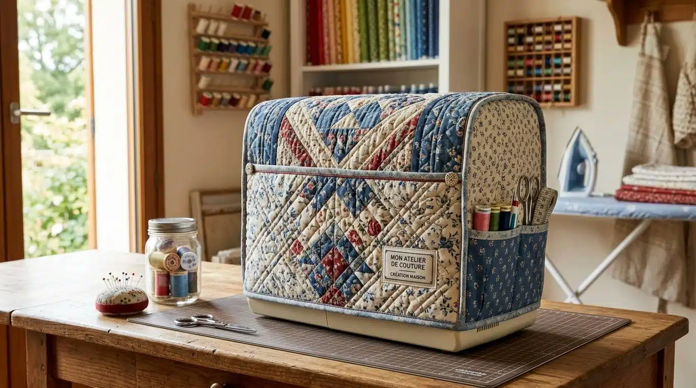 Housse de machine à coudre artisanale en tissu matelassé