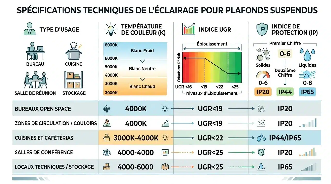 Infographie récapitulative des critères techniques pour le choix d'un luminaire de faux plafond