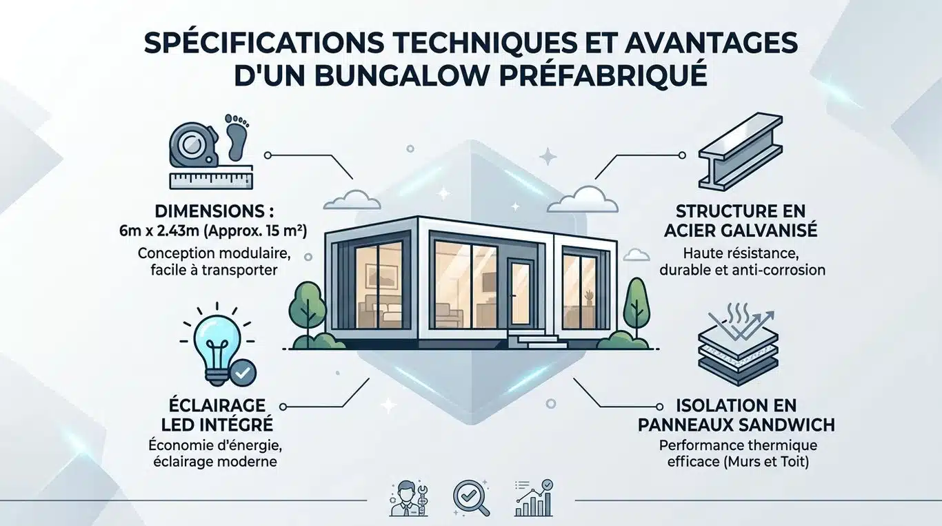 Infographie récapitulative des caractéristiques techniques et avantages d'un bungalow préfabriqué