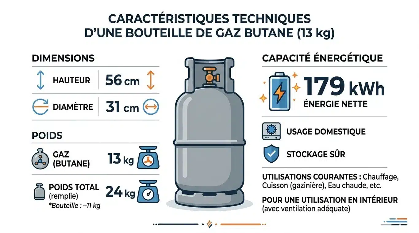 Infographie des caractéristiques techniques d'une bouteille de gaz butane 13kg