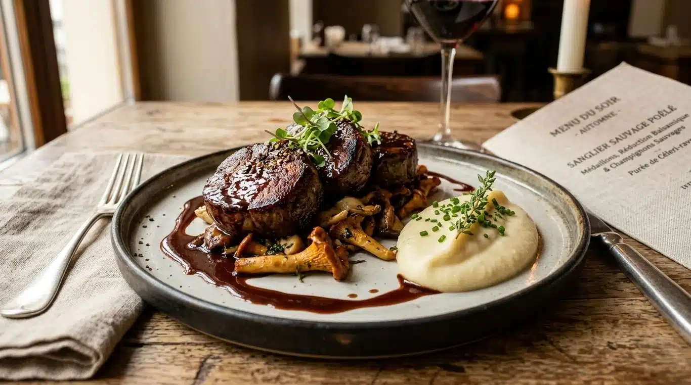 Noisettes de sanglier poêlées avec sauce balsamique et champignons