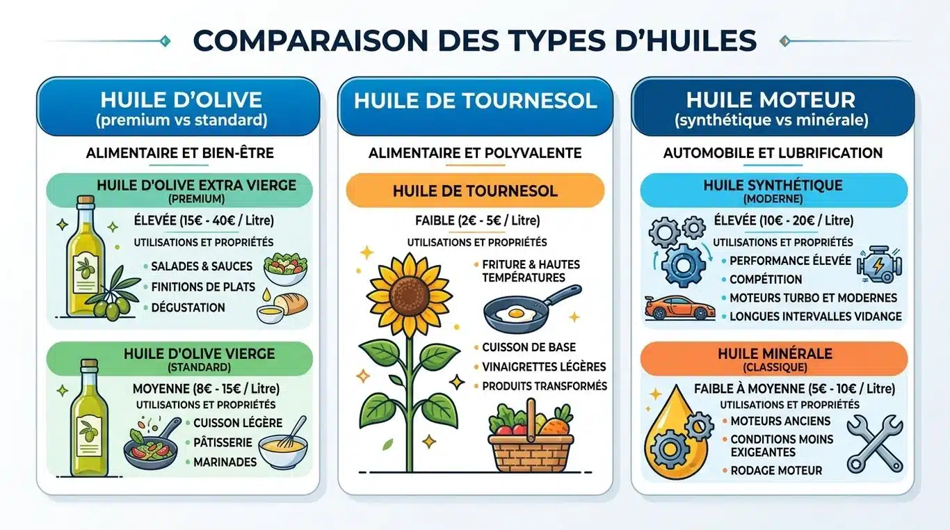Infographie comparative des prix et usages des huiles alimentaires et moteur
