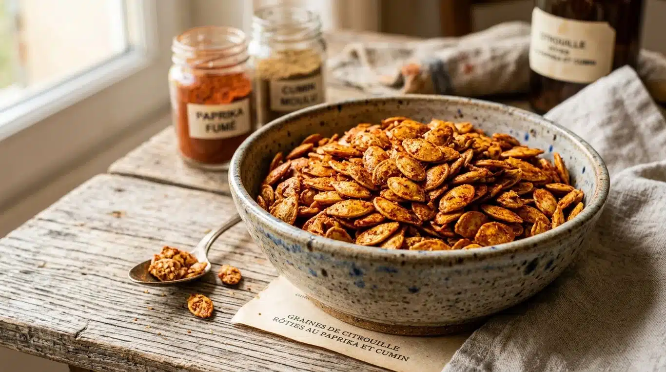 Graines de courge grillées au paprika et cumin dans un bol